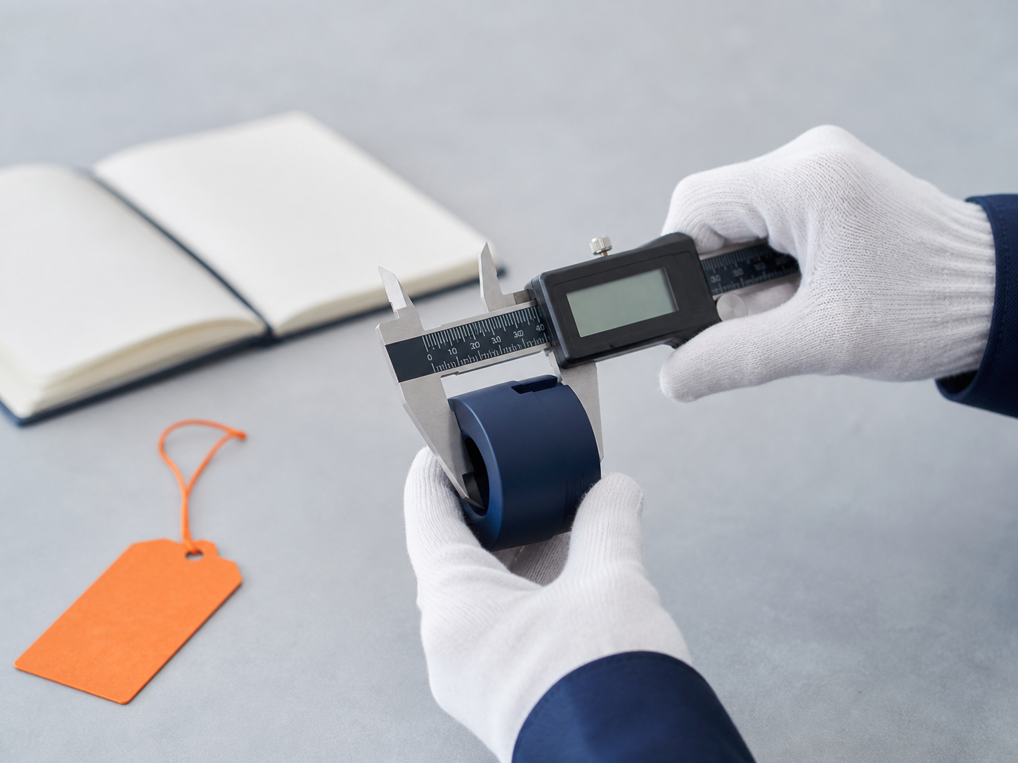Quality inspector measuring a navy product component with a digital caliper