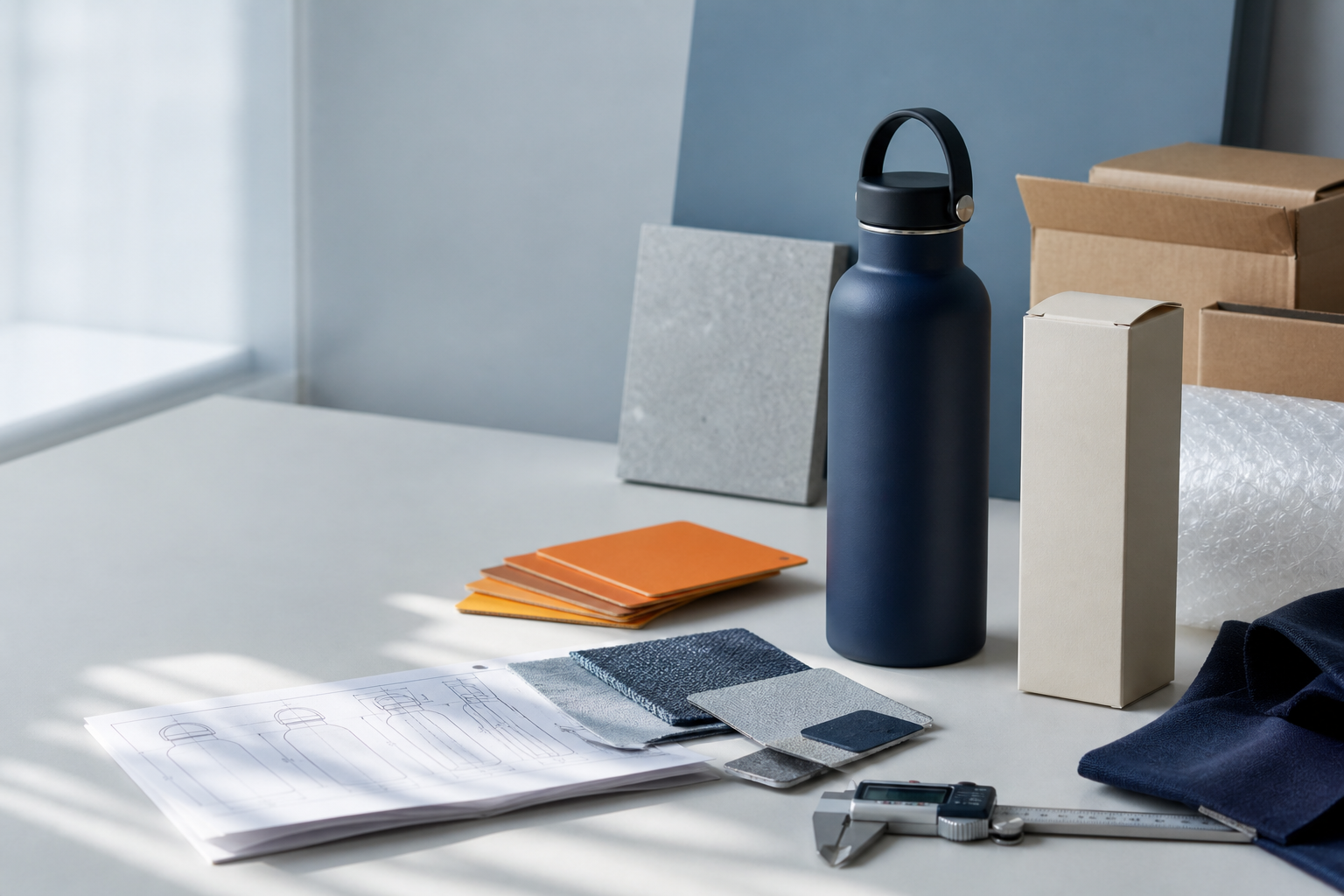 Product packaging, material swatches, and measuring tools arranged for a sourcing review
